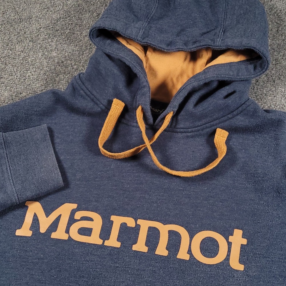 Marmot Hoodie Mens Medium Blue Orange Logo Pullover Fleece Kangaroo Pocket